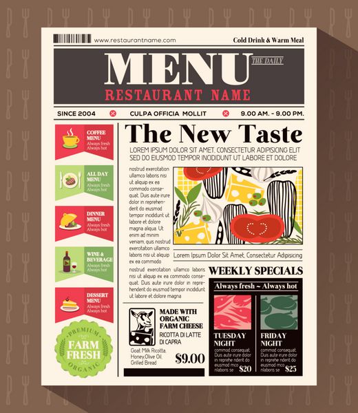 قالب طراحی منوی رستوران به سبک روزنامه