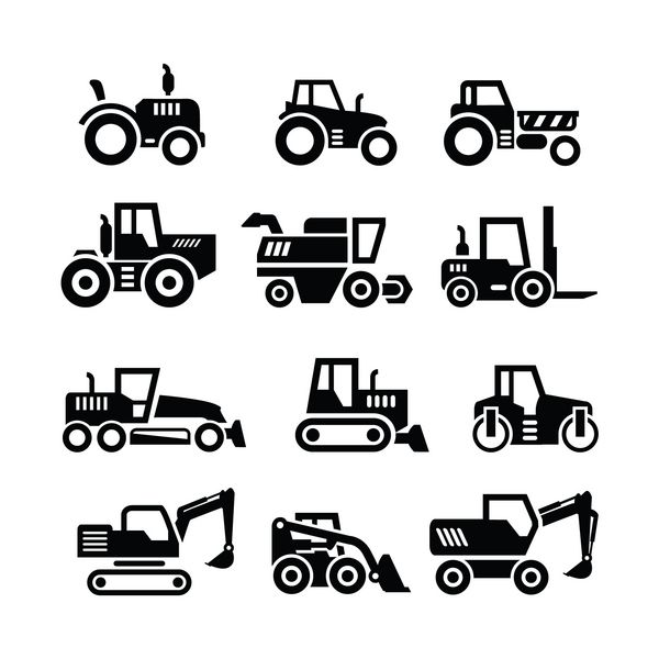مجموعه نمادهای ماشین های تراکتور مزرعه و ساختمان