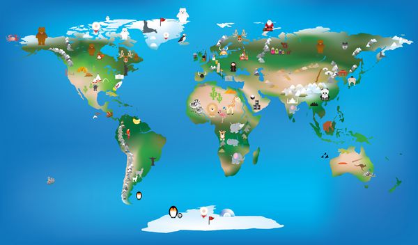 نقشه جهان برای کودکان با استفاده از کارتون حیوانات و lan معروف