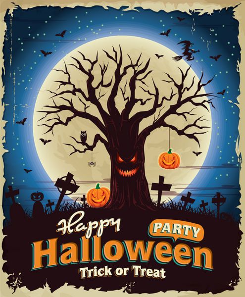 طراحی پوستر قدیمی هالووین با درخت هیولا