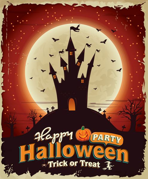 طراحی پوستر قدیمی هالووین با قلعه