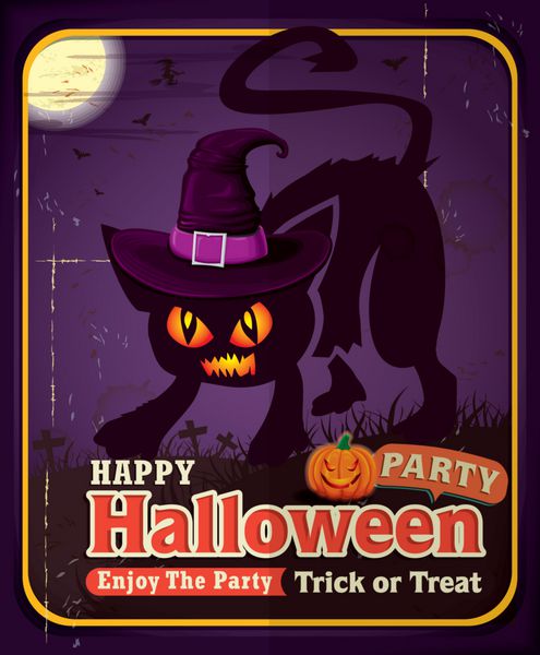 طراحی پوستر قدیمی هالووین با گربه