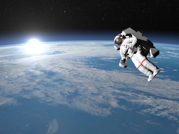 فضانورد یا کیهان نوردی در حال پرواز بر روی زمین - رندر سه بعدی