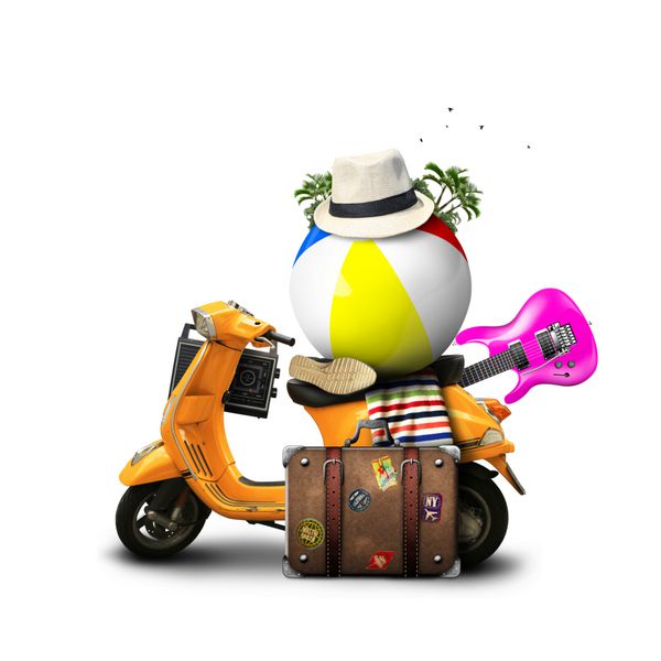 تعطیلات اسکوتر نارنجی با یک توپ و یک چمدان