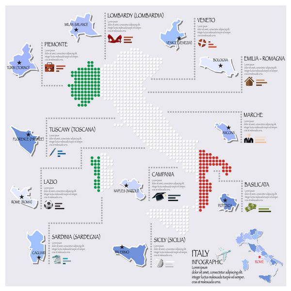 طراحی اینفوگرافیک نقشه نقطه و پرچم ایتالیا