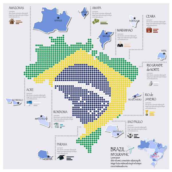نقشه نقطه و پرچم برزیل طراحی اینفوگرافیک