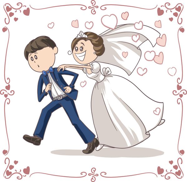 کارتون وکتور خنده دار دویدن داماد تعقیب شده توسط عروس