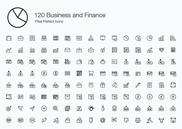120 نماد تجاری و مالی Pixel Perfect سبک خط