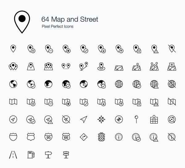 64 نماد نقشه و Street Pixel Perfect سبک خط