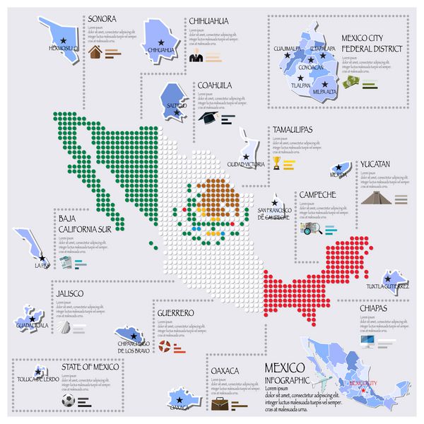 طراحی اینفوگرافیک نقشه نقطه و پرچم مکزیک