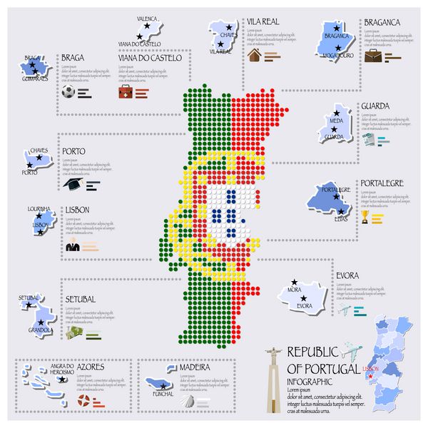 طراحی اینفوگرافیک نقشه نقطه و پرچم پرتغال