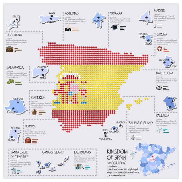 طراحی اینفوگرافیک نقشه نقطه و پرچم اسپانیا