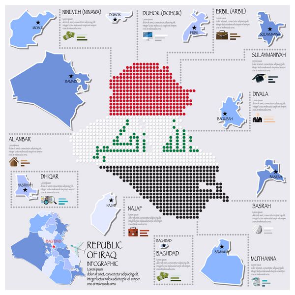 طراحی اینفوگرافیک نقشه نقطه و پرچم جمهوری عراق