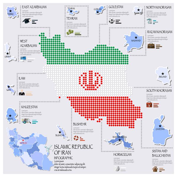 طرح اینفوگرافیک نقشه نقطه و پرچم جمهوری اسلامی ایران