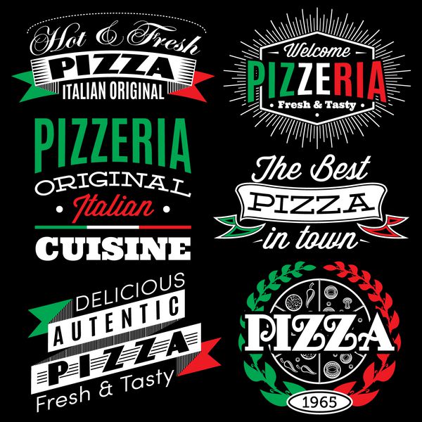 مجموعه ای از نشان ها با کتیبه برای پیتزا