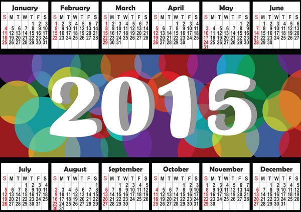 تقویم افقی سالانه 2015 با حباب های رنگین کمان