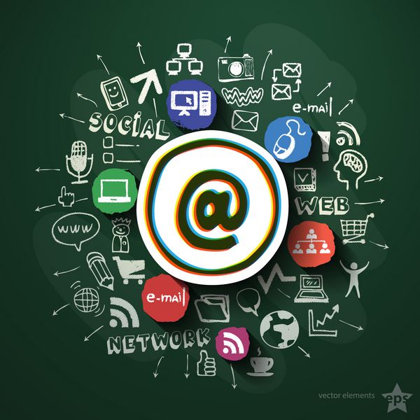 کلاژ رسانه های اجتماعی با نمادها روی تخته سیاه