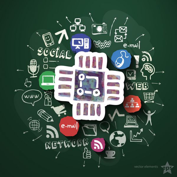 کلاژ شبکه اجتماعی با نمادها روی تخته سیاه