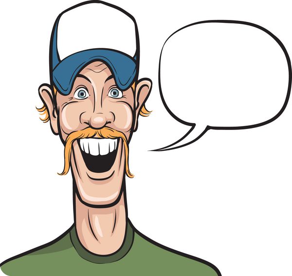 مرد خندان کارتونی با کلاه بیسبال با حباب گفتار