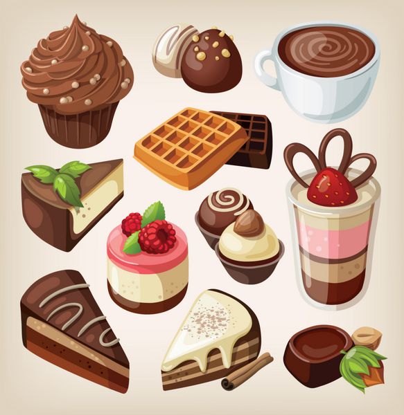 مجموعه ای از شیرینی های شکلاتی کیک و سایر غذاهای شکلاتی
