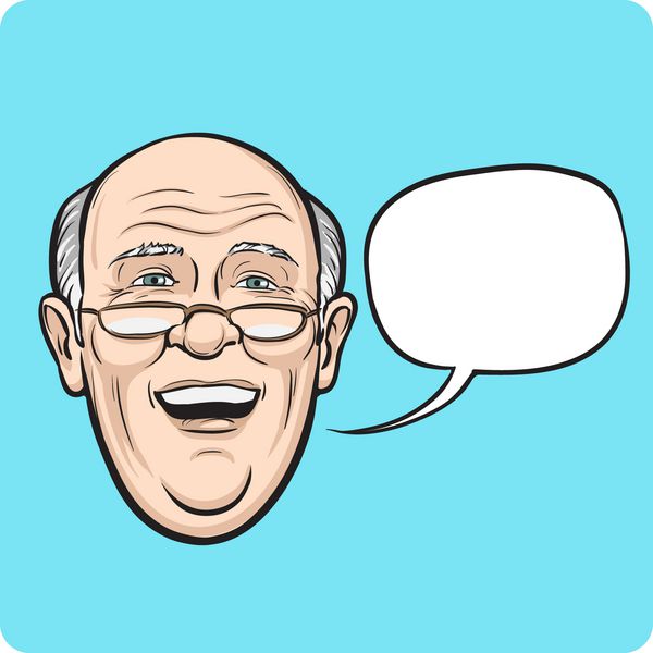 مرد مسن خندان با حباب گفتار
