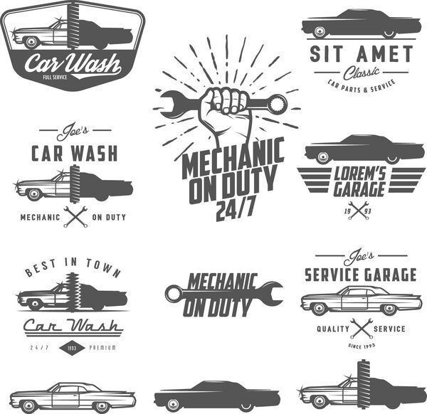 مجموعه ای از برچسب ها نشان ها و المان های طراحی سرویس خودرو