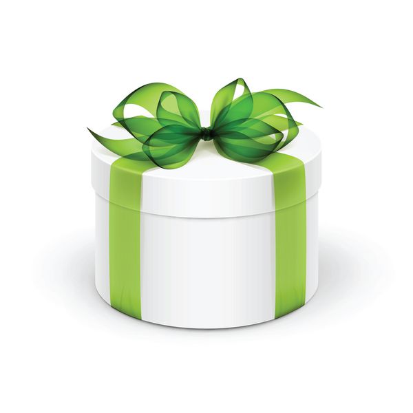 جعبه کادو گرد سفید با روبان سبز و پاپیون