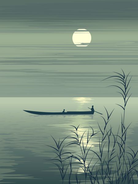 قایق وکتور بر روی دریاچه در برابر ماه