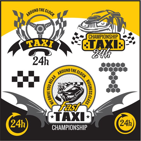 نمادهای تاکسی و عناصر برای نشان تاکسی - مجموعه وکتور
