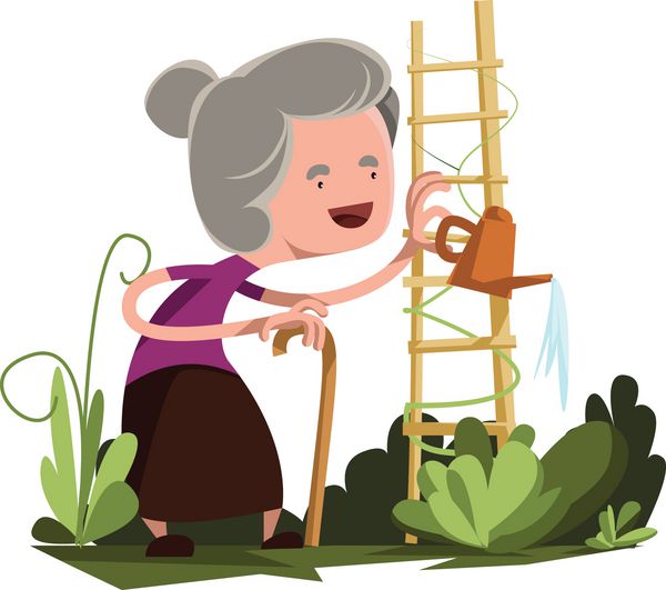 شخصیت کارتونی تصویر وکتور مادربزرگ آبیاری باغ