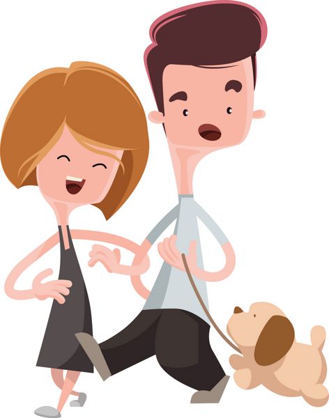 زوجی که در حال قدم زدن با شخصیت کارتونی تصویر سگ خانگی خود هستند
