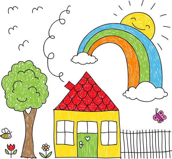 نقاشی کودک از خانه رنگین کمان و درخت
