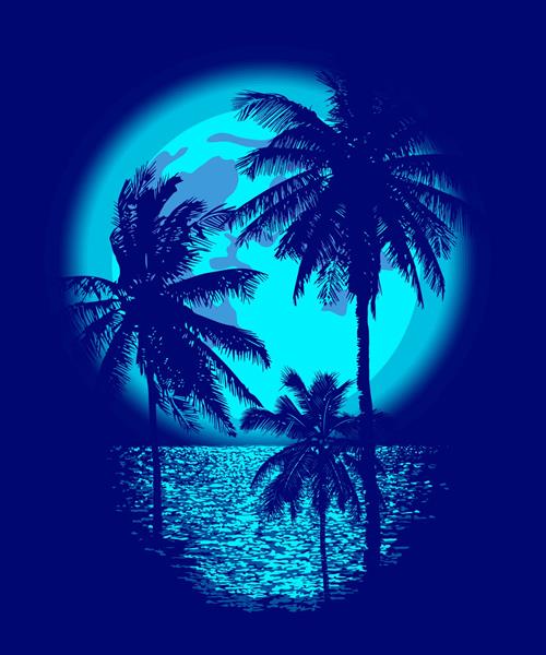 ماه کامل گرمسیری بر فراز اقیانوس انعکاس درختان نخل و شب ماه گرمسیری بردار