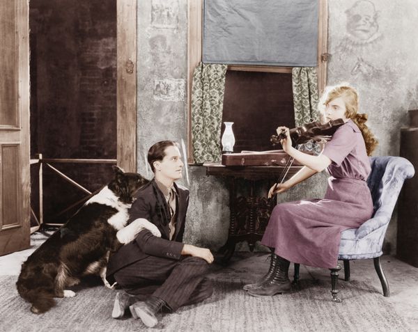زن ویولن برای او و سگ