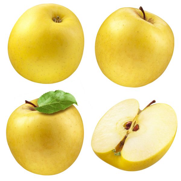 سیب زرد مجموعه مجموعه ای از میوه ها و برگ های جدا شده روی سفید