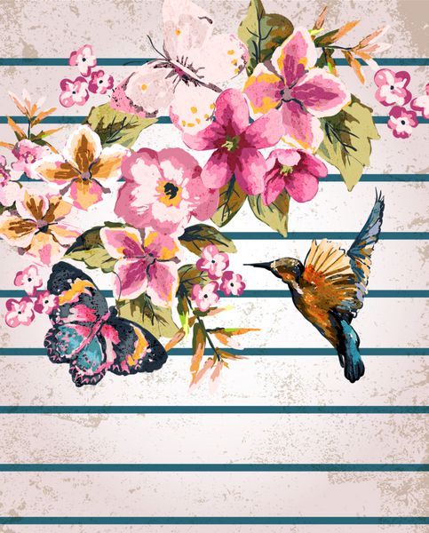 کارت پستال با پرنده و گل در زمینه راه راه