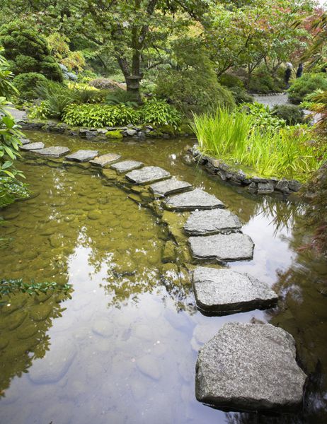 مسیری از سنگ‌هایی که با آجر چیده شده‌اند از میان حوضچه‌ای زیبا در باغ ژاپنی