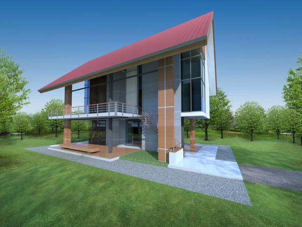 رندر سه بعدی خانه پایدار با فضای سبز