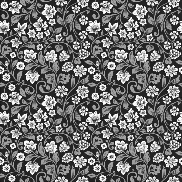 وکتور الگوی گل پرنعمت بدون درز شبح های تلطیف شده از گل ها و انواع توت ها در پس زمینه سیاه گل های سفید با برگ های خاکستری