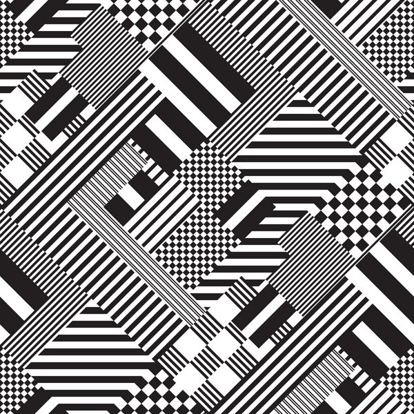 الگوی خطوط سیاه و سفید بدون درز زینت مد رترو انتزاعی مینیمال طراحی گرافیکی پارچه موزاییک هنری روانگردان بافت راه راه و مربع
