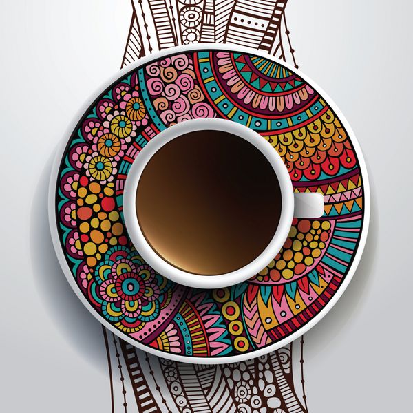 وکتور با یک فنجان قهوه و زیورآلات دستی روی نعلبکی و پس زمینه