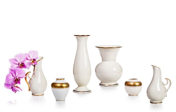 مجموعه گلدان های چینی سفید عتیقه ایزوله شده در پس زمینه سفید