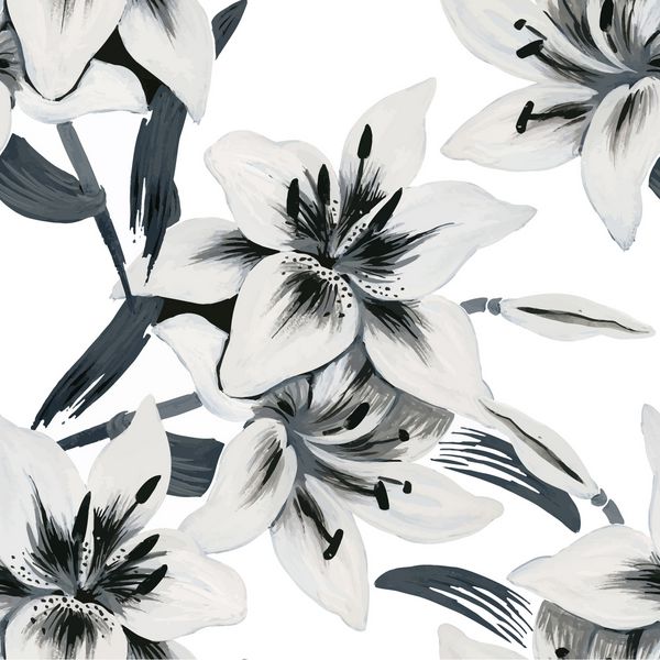 الگوی بدون درز گل های نیلوفرهای زیبا در وکتور پس زمینه سفید