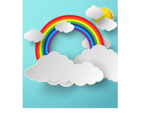 تصویر رنگین کمان با ابرها در آسمان آبی سبک هنری کاغذی