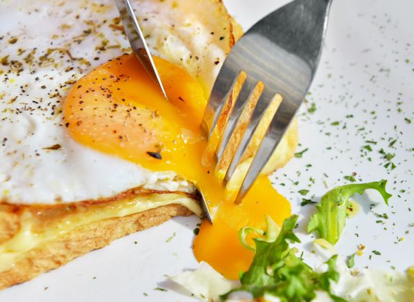 خوردن غذای فرانسوی کروک مادام با تخم مرغ های سرخ شده زیبا نان و ژامبون دف کم عمق در تصویر نزدیک نور طبیعی