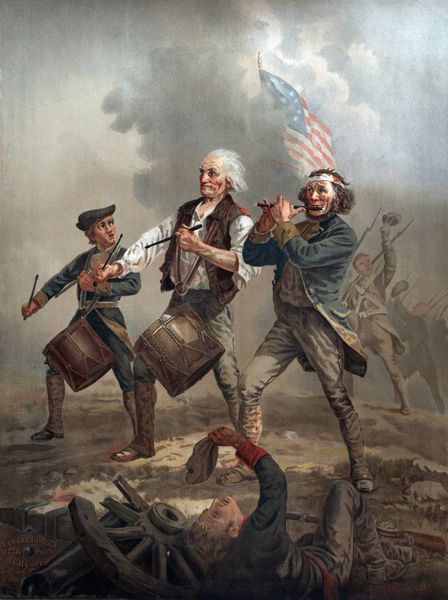 انقلاب آمریکا یانکی دودل 1776 سه میهن پرست دو نفر ds و یکی a fife که نیروهایی را به نبرد هدایت می کنند توسط آرچیبالد ام ویلارد حدود 1876