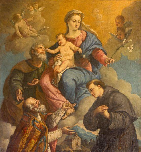 پادوآ ایتالیا - 10 سپتامبر 2014 خانواده مقدس و مقدسین نیکلاس و آنتونی پادوآ توسط نقاش ناشناس 18 سنت در کلیسای سنت نیکلاس