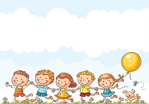 بچه های کارتونی شاد که در یک روز تابستانی در فضای باز می دوند