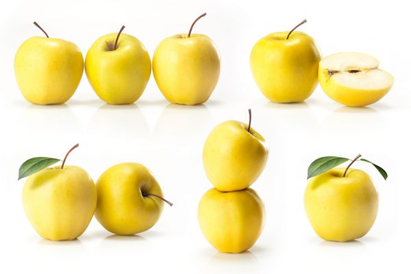 ترکیبی از سیب طلایی زرد جدا شده در زمینه سفید