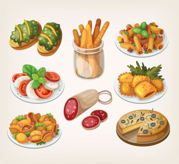 مجموعه ای از محصولات غذایی سنتی ایتالیایی و عناصر غذاهای ایتالیایی